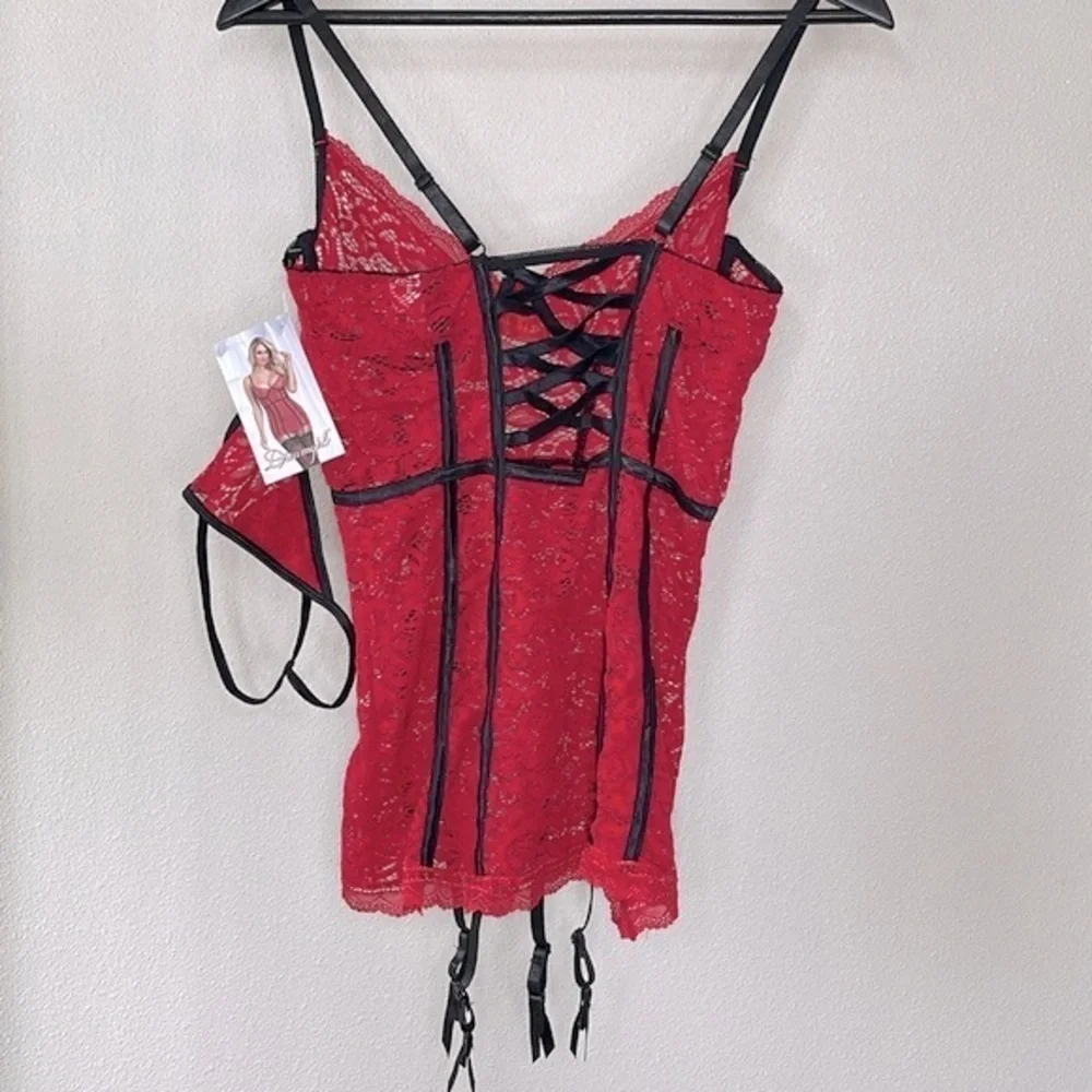 Dreamgirl Ruby Red Lace Underwire Bustier Corset Chemise Garter Strap Size Small
